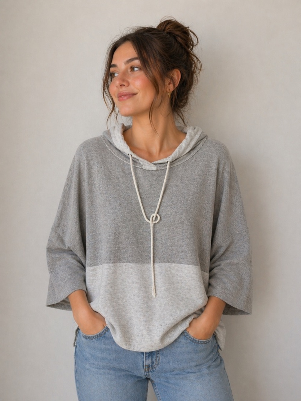 Easel Colorblock Hoodie Top Gray Dark Light Oversized Boho Casual Medium